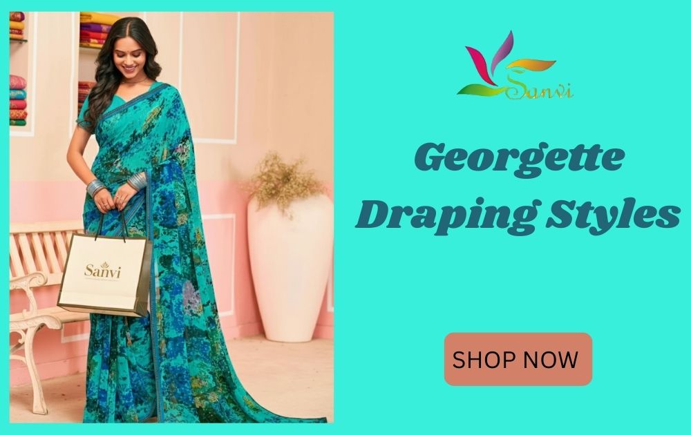 A collage showing 10 different ways to drape a blue printed Georgette sarees on a model.