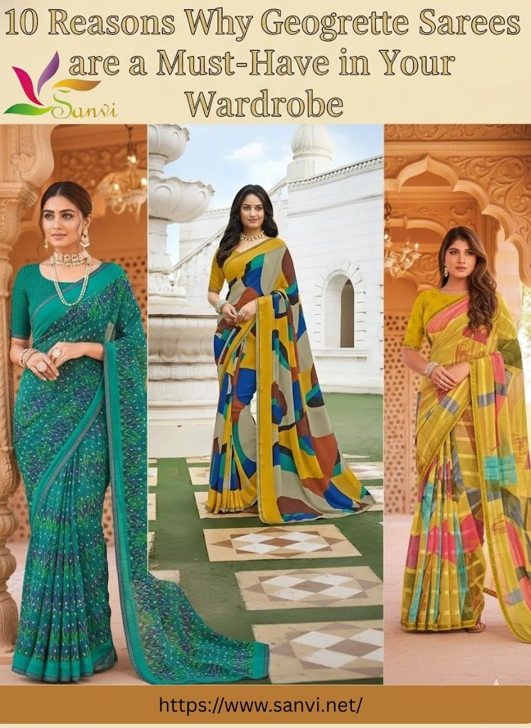 A beautiful model wearing a floral print georgette saree from Sanvi.