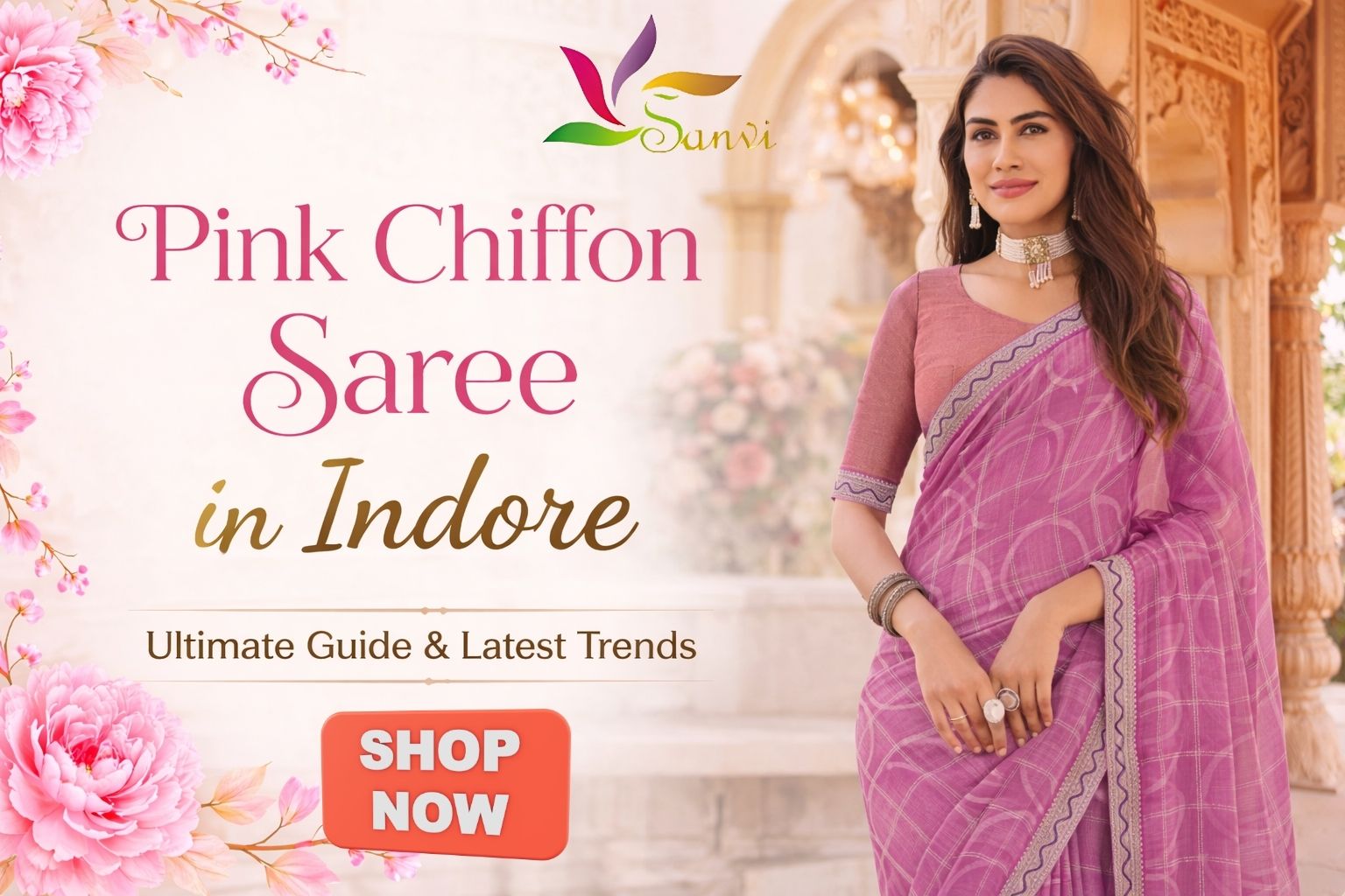 Pink chiffon saree in Indore with elegant gold patterns worn by a woman in a royal garden setting