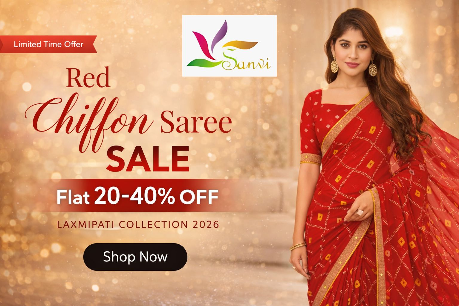 Red chiffon saree sale banner with model showcasing Laxmipati collection and flat 20-40 percent discount offer