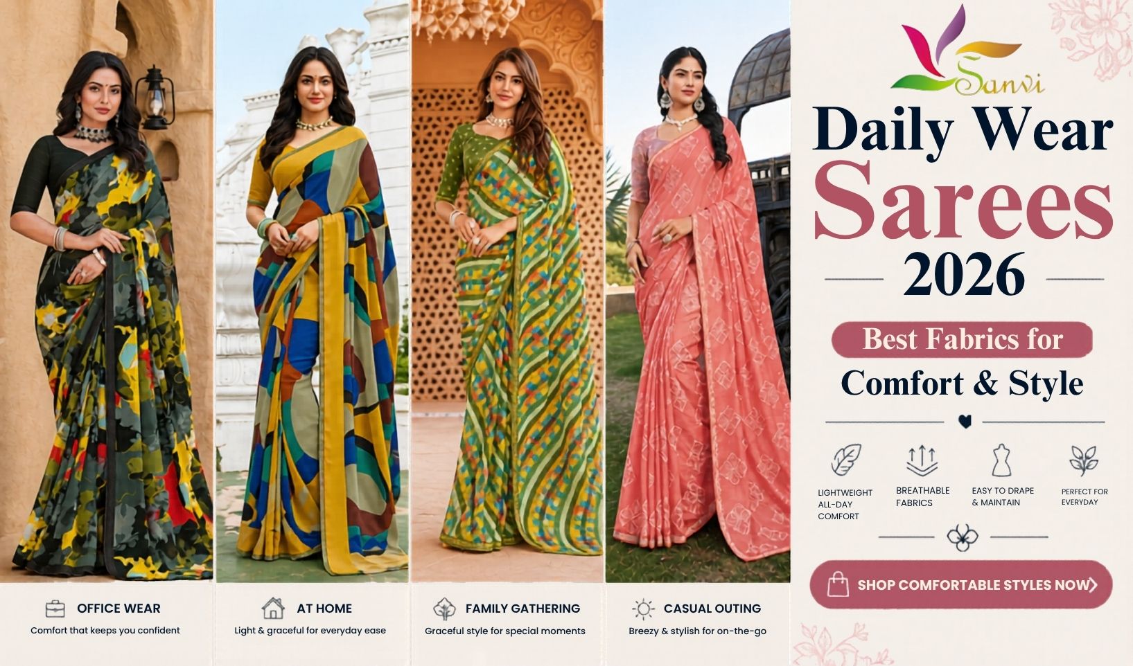 Women wearing daily wear sarees in cotton chiffon and georgette fabrics for office home and casual use