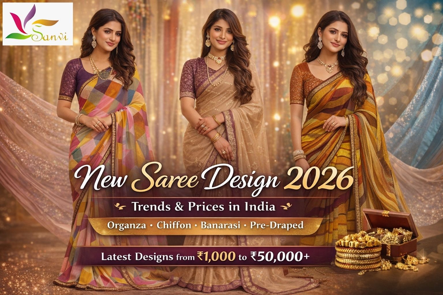 New saree design 2026 with latest trends and price range in India featuring organza chiffon and banarasi sarees