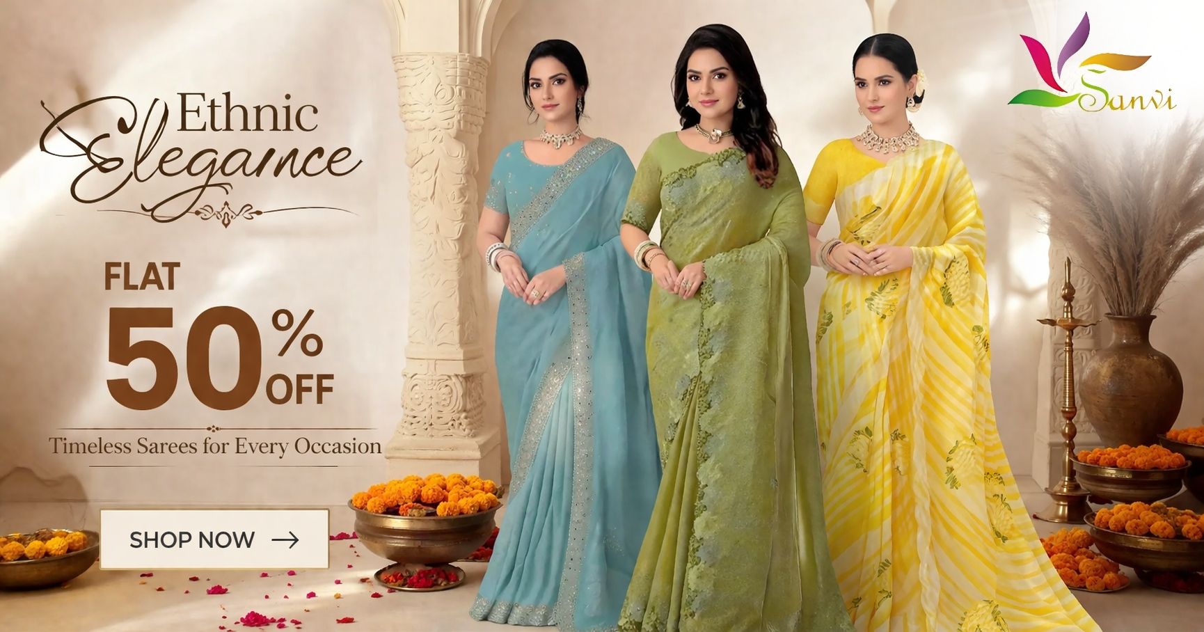 organza saree for women with floral design on flat 50 percent off festive sale banner