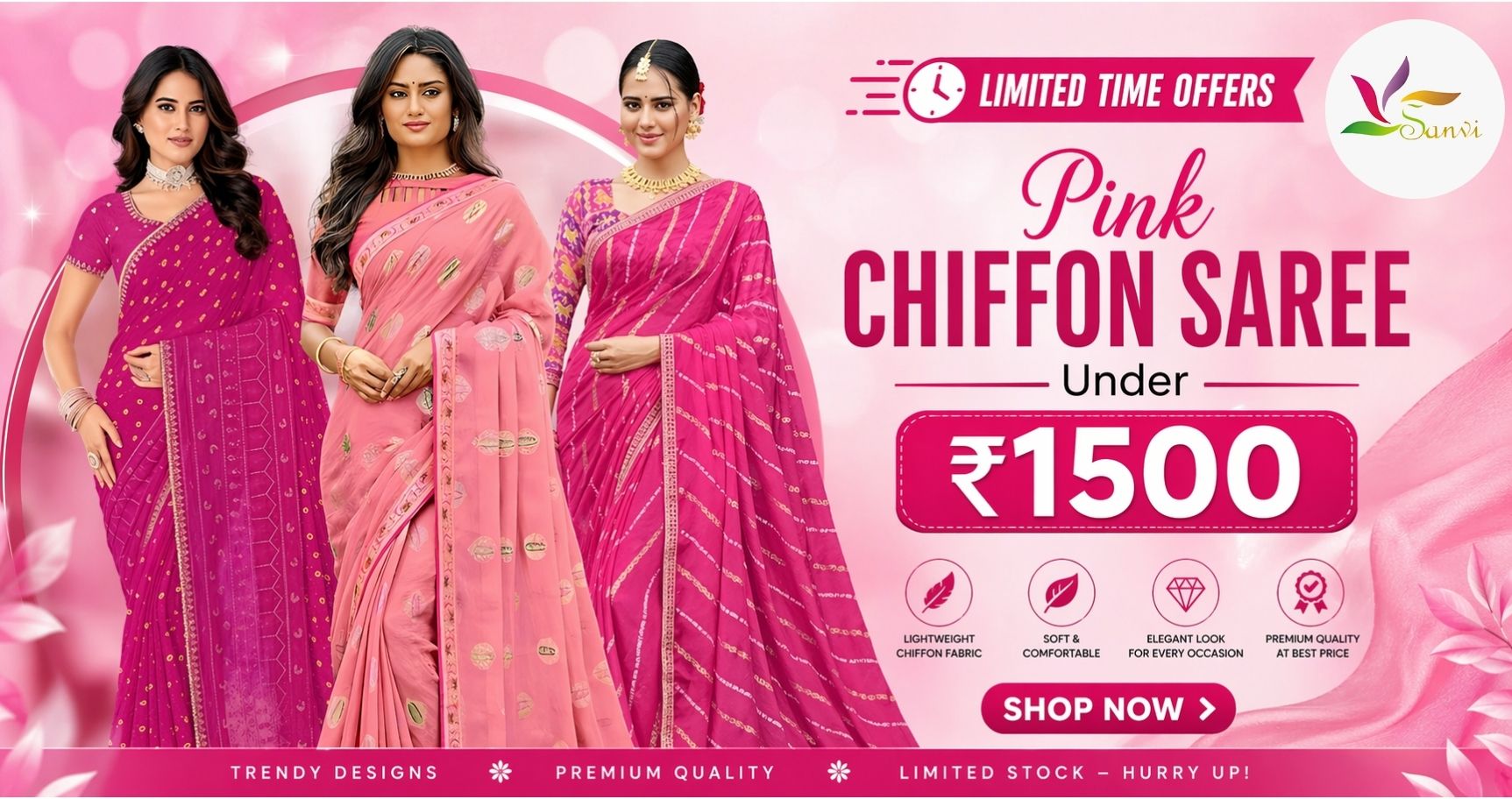 Women wearing pink chiffon saree collection under ₹1500 with trendy and premium designs