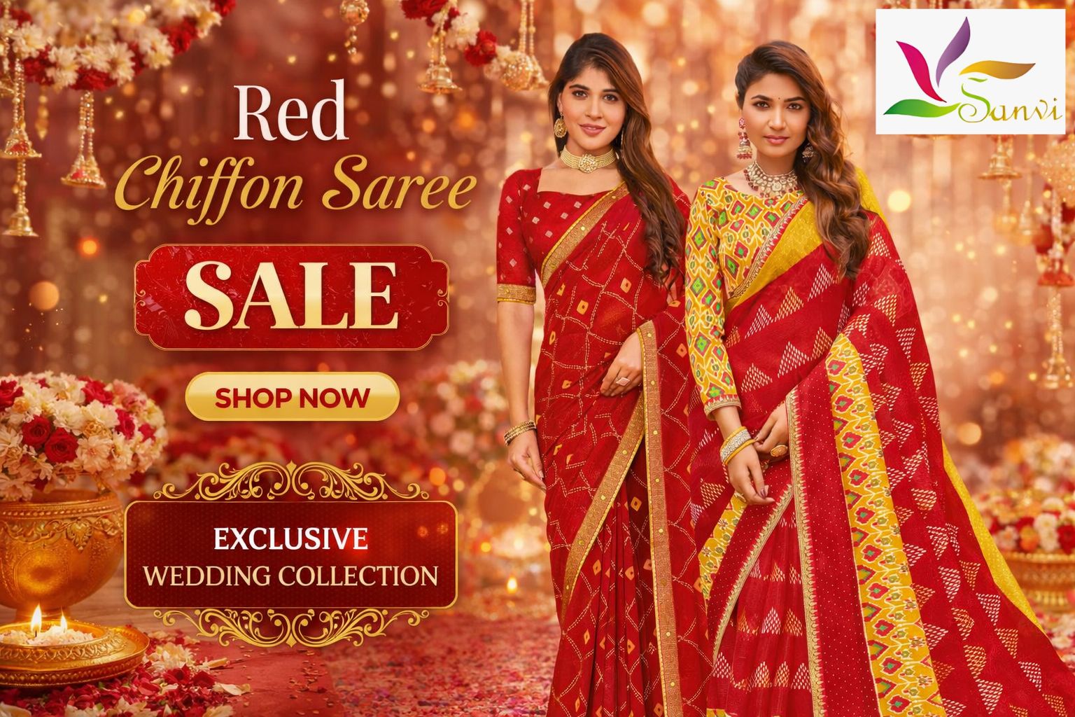 Red chiffon saree wedding collection sale banner with two models in designer sarees