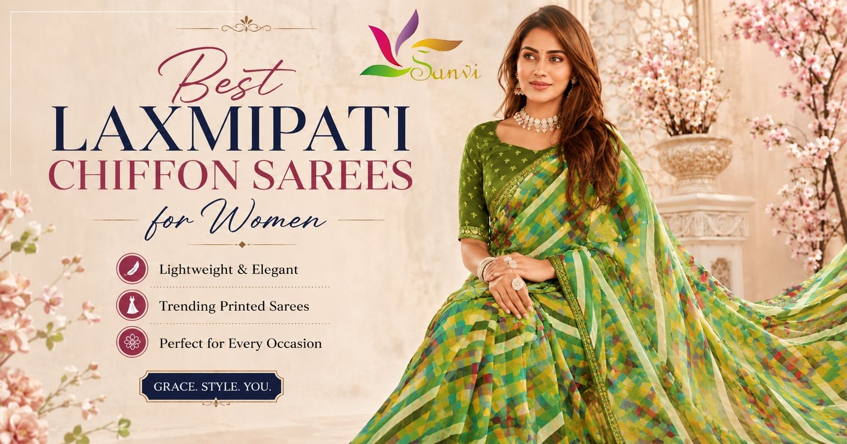 Elegant Indian woman wearing green printed chiffon saree in premium Laxmipati sarees fashion banner