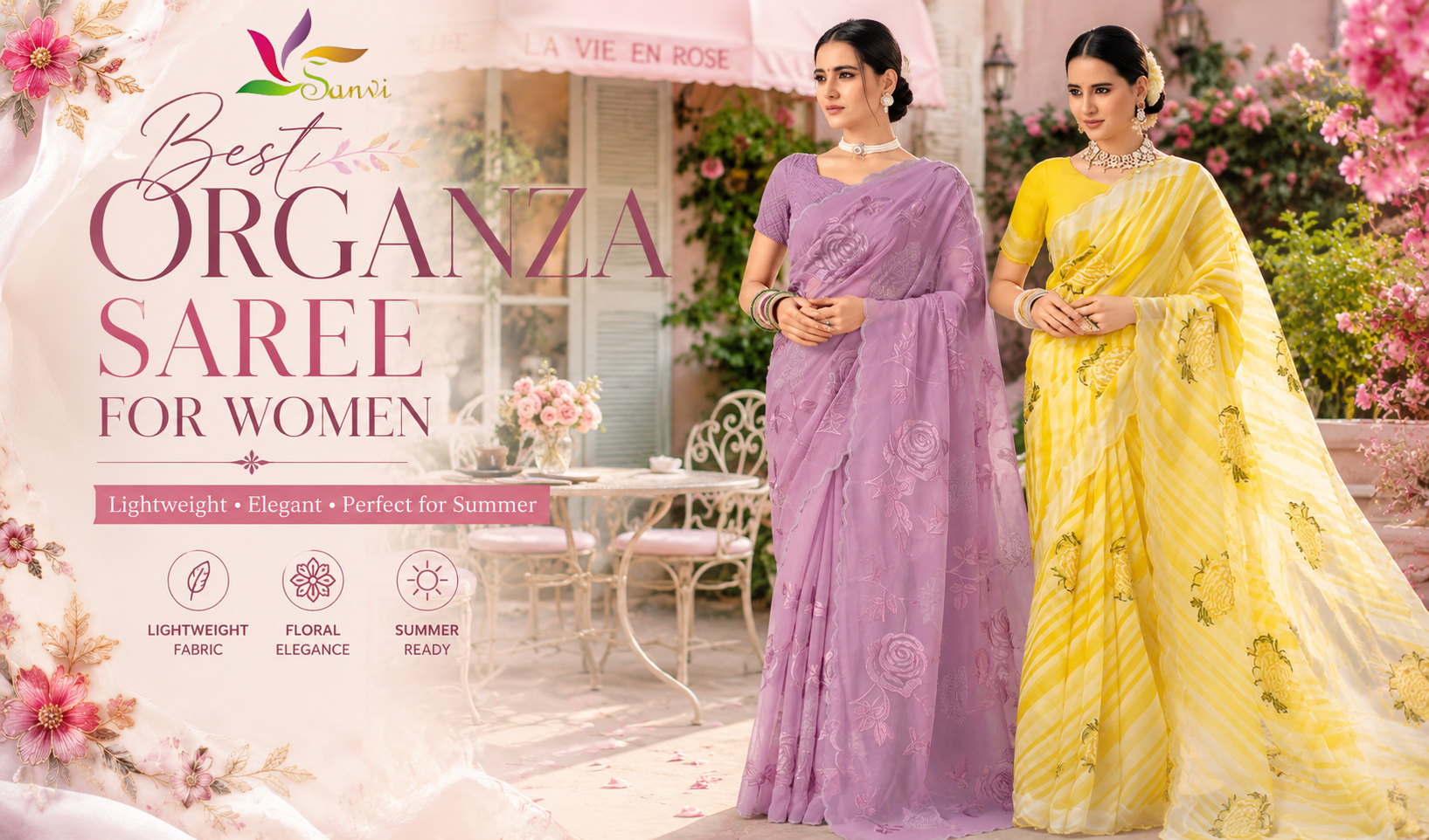 Women wearing pastel organza sarees in a luxury summer garden café theme with lightweight elegant fashion styling