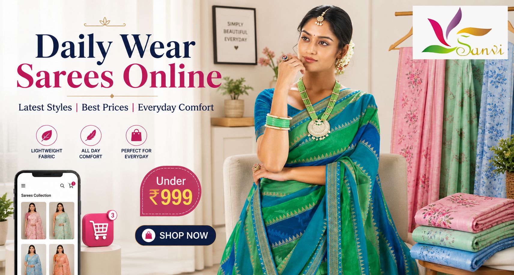 Elegant woman in blue and green daily wear saree promoting online saree shopping with latest styles and best prices