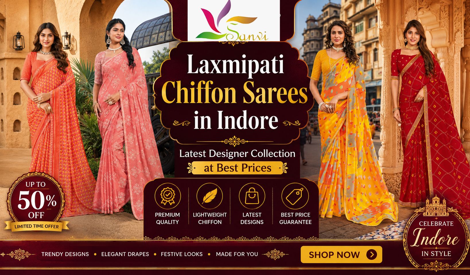 Four Indian women wearing colorful Laxmipati chiffon sarees in Indore festive fashion banner