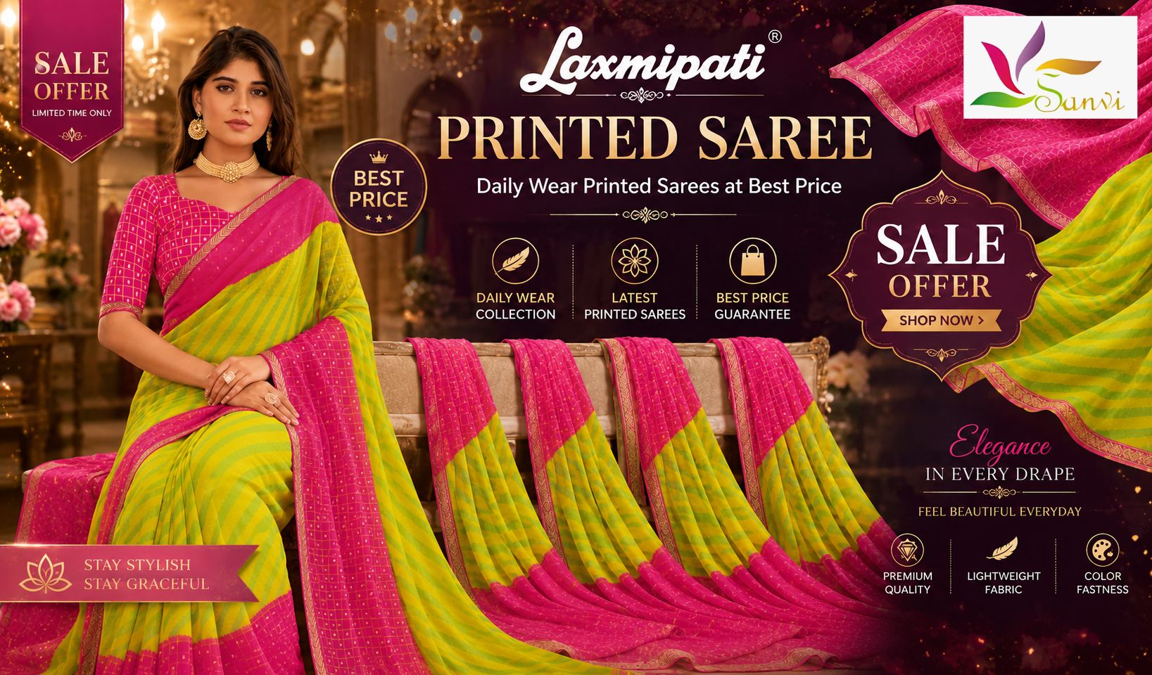 Beautiful Indian model wearing pink and yellow printed daily wear saree in premium Laxmipati saree sale banner design.