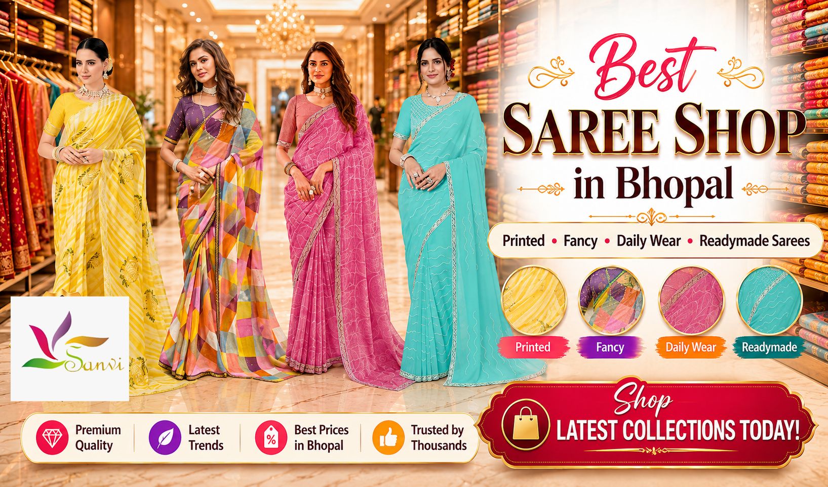 Best Saree Shop in Bhopal featuring printed saree, fancy saree, daily wear saree and readymade saree collections in a luxury showroom
