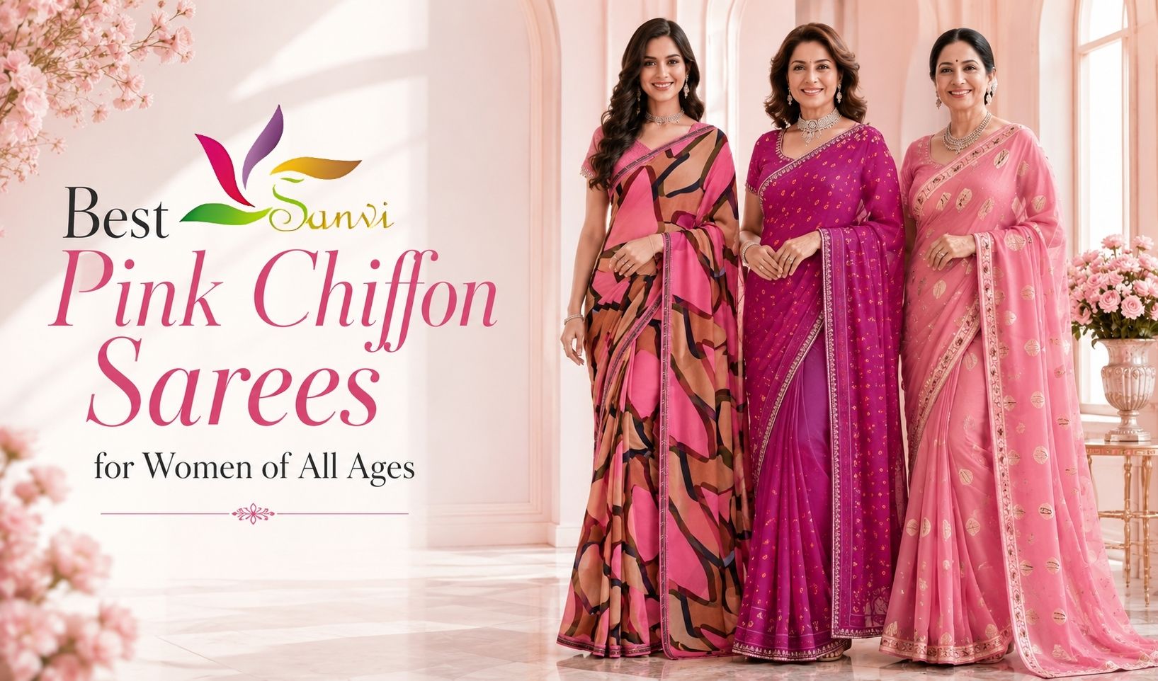 Three women of different age groups wearing stylish pink chiffon sarees in a luxury fashion editorial setting.