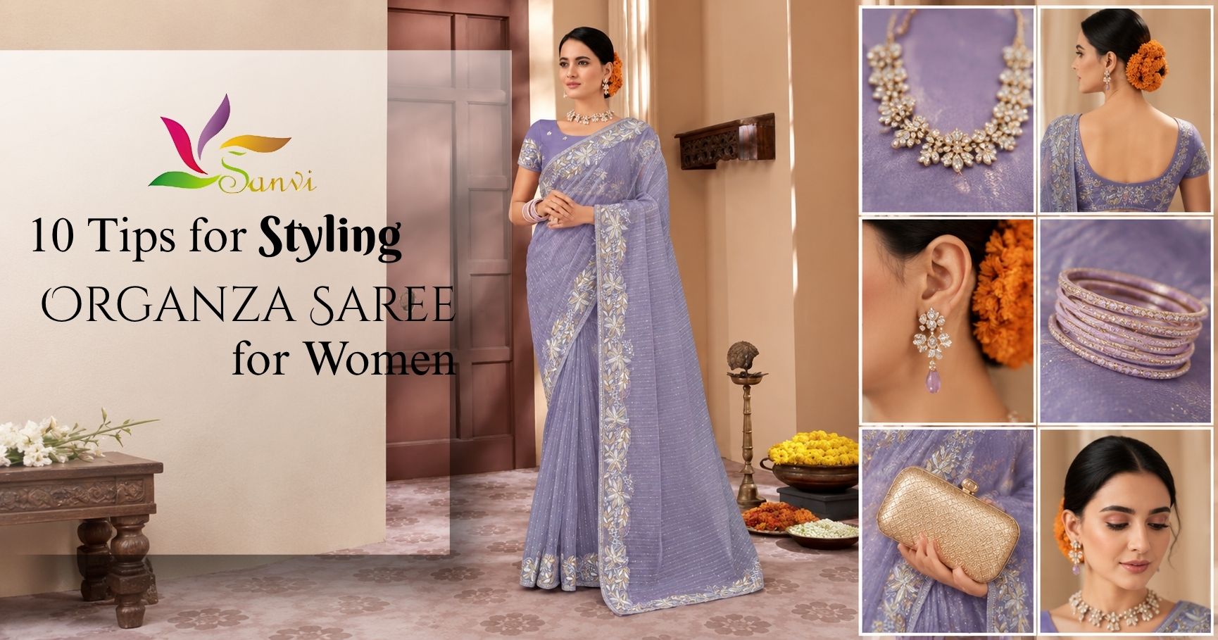 Elegant woman wearing a lavender organza saree with matching jewellery, clutch, bangles, and beauty styling inspiration collage.