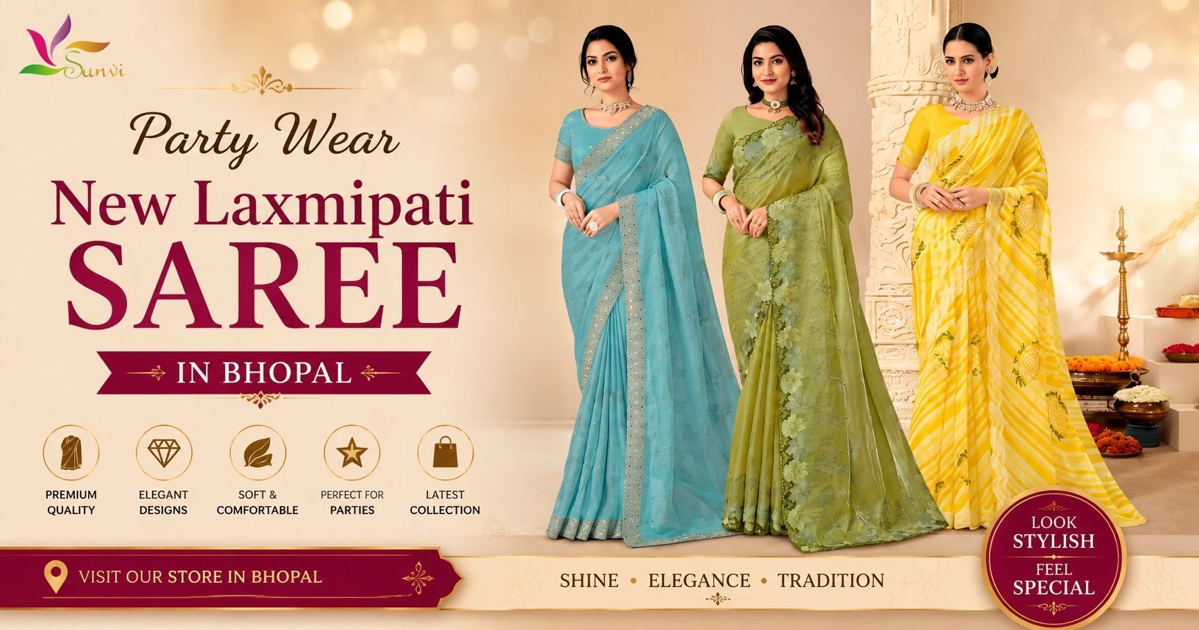 Party Wear New Laxmipati Saree Collection in Bhopal featuring elegant blue, green, and yellow designer sarees for festive and special occasions.